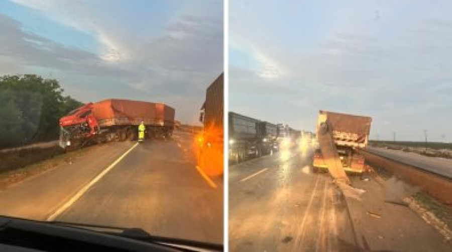 Batida entre 3 carretas deixa motorista ferido na BR-163