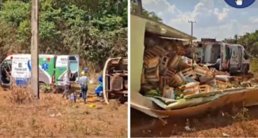 Buraco na pista faz caminhão tombar e 3 pessoas ficam feridas em MT